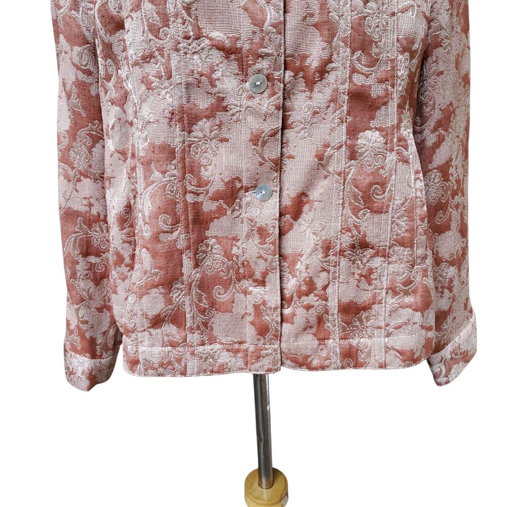 Chico's Sz 2 Red Tan Floral Damask Tapestry Jacket Pockets Collar Chicos Sz L 12 - Picture 6 of 14